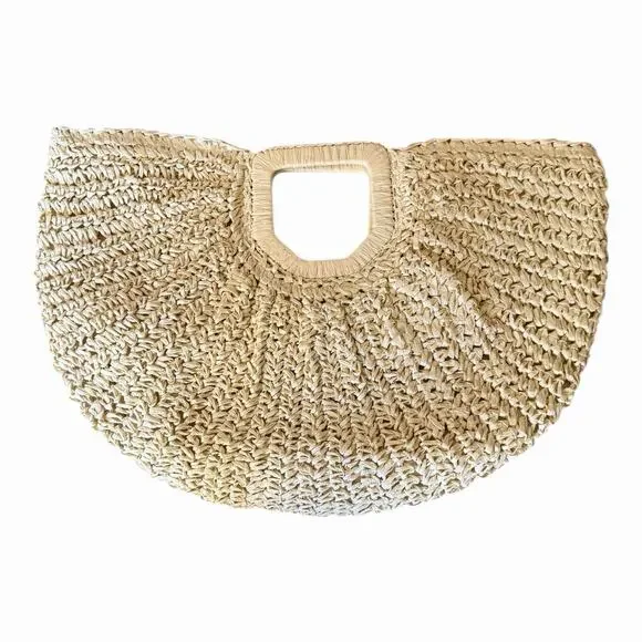 Ramla Bohemian Tan Woven Straw Half Moon Hobo Bag New Handmade Zip Closure - Picture 4 of 16